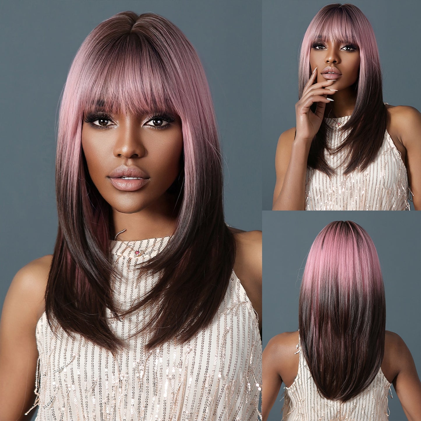 Purple Pink Ombre Black Short Straight Synthetic Wigs with Bangs Bob