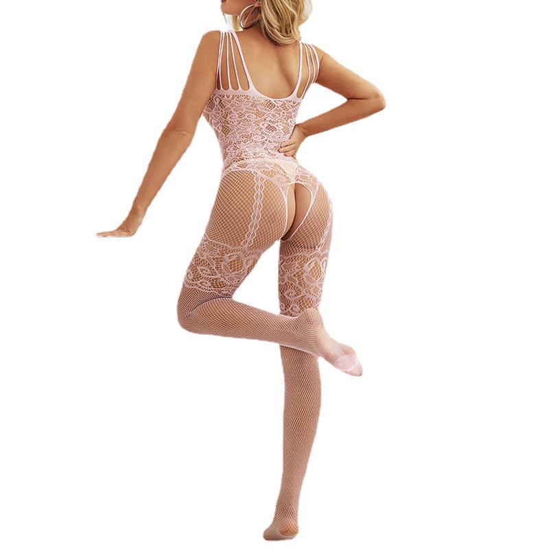 Sexy Women Lingerie Floral Fishnet Bodysuit Hollow Out Open Crotch Mesh Body Stockings Crotchless