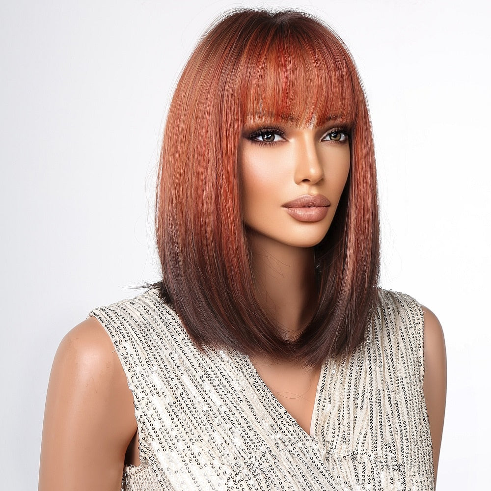 Orange Ombre Brown Short Straight Synthetic Wigs with Bangs
