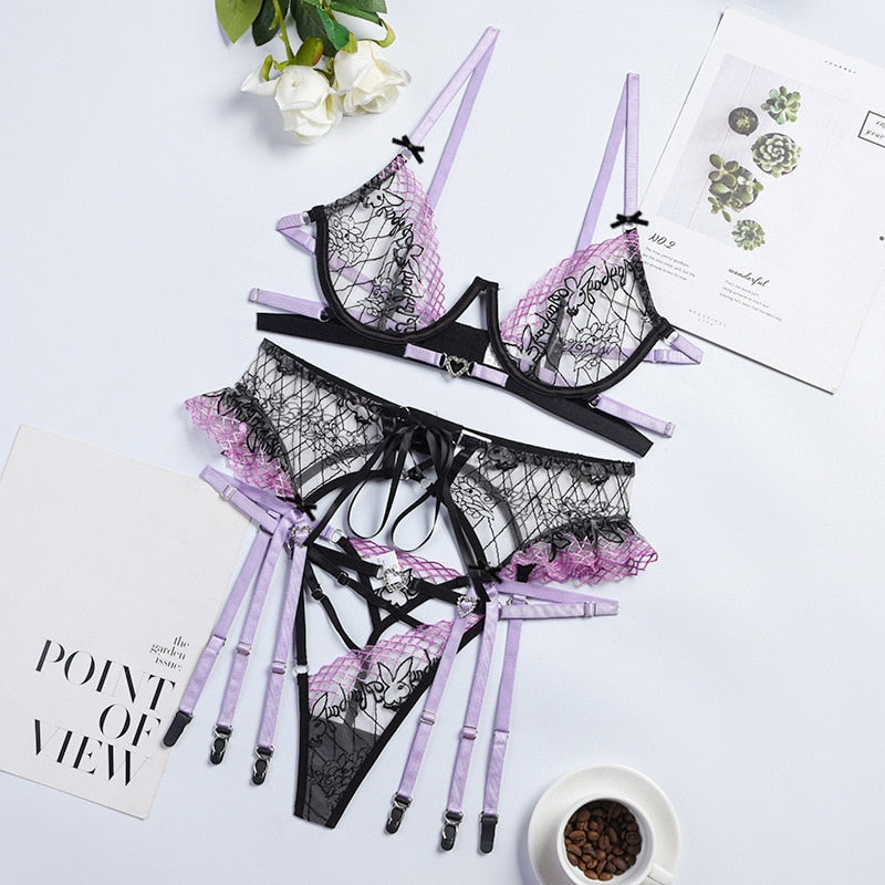 3-Piece Lace Embroidery Erotic Set Women Bow Patchwork Sexy Luxury Lingerie Set Dress Sensual Brief Kit