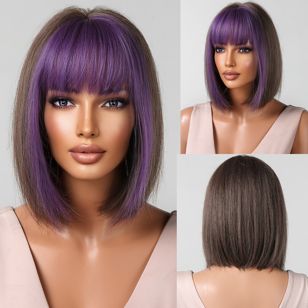 Orange Ombre Brown Short Straight Synthetic Wigs with Bangs