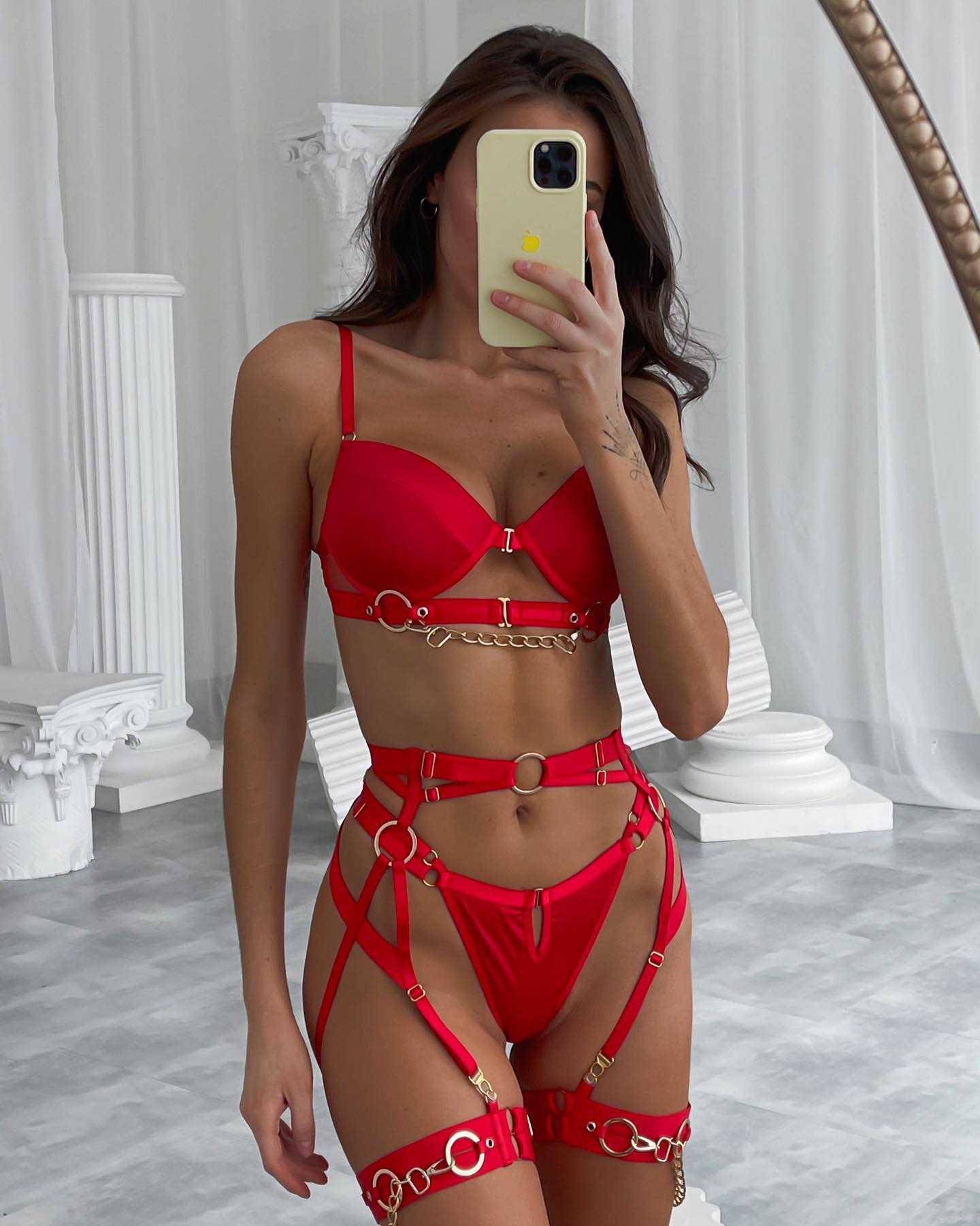 3-Piece Padded Lingerie Set Women Gothic Sensual Chain Decorated Gothic Erotic Set Sexy Red Brief Set