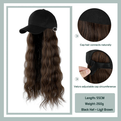 Black White Baseball Cap with Wig Long Straight Hair Curly Hair Hat Wig