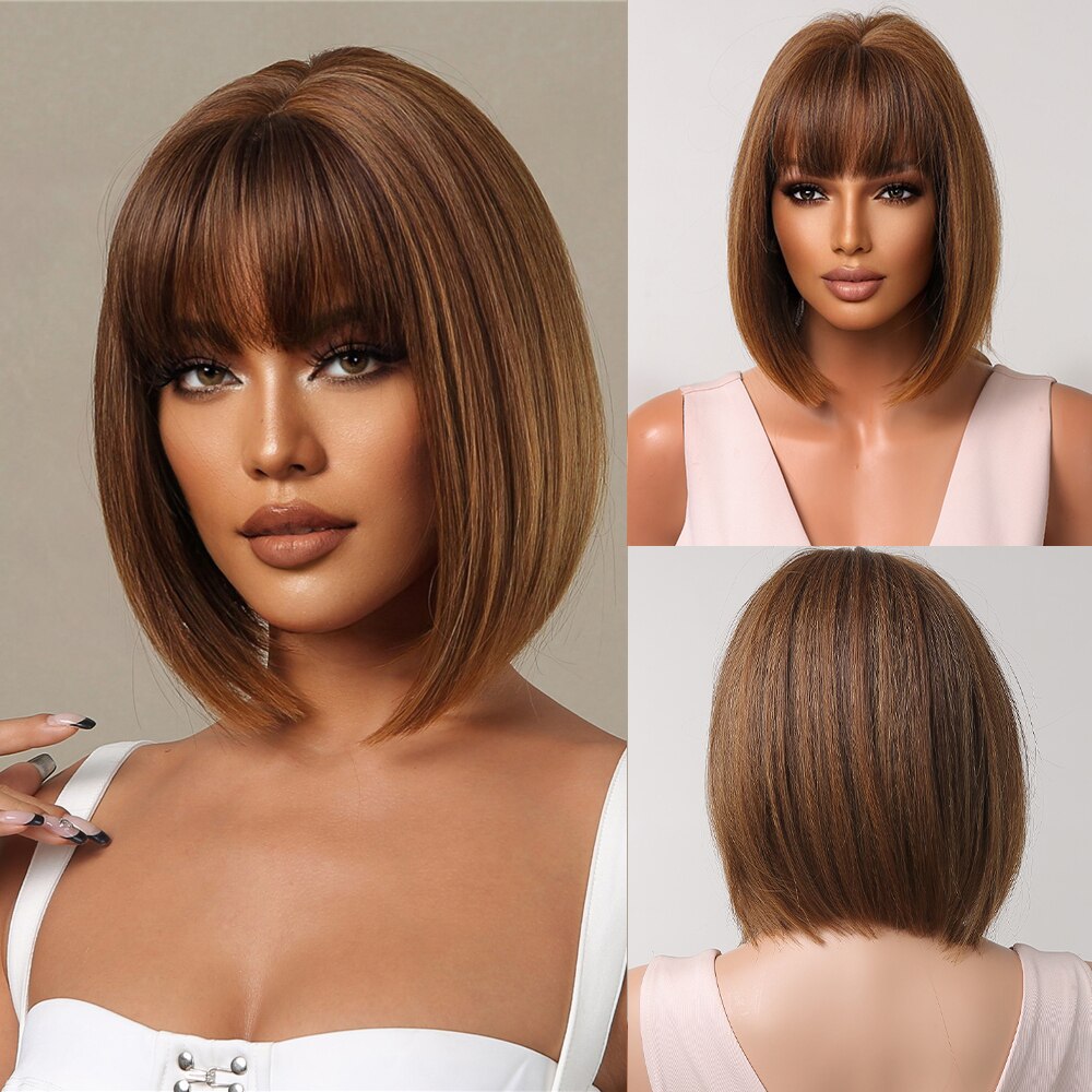 Orange Ombre Brown Short Straight Synthetic Wigs with Bangs