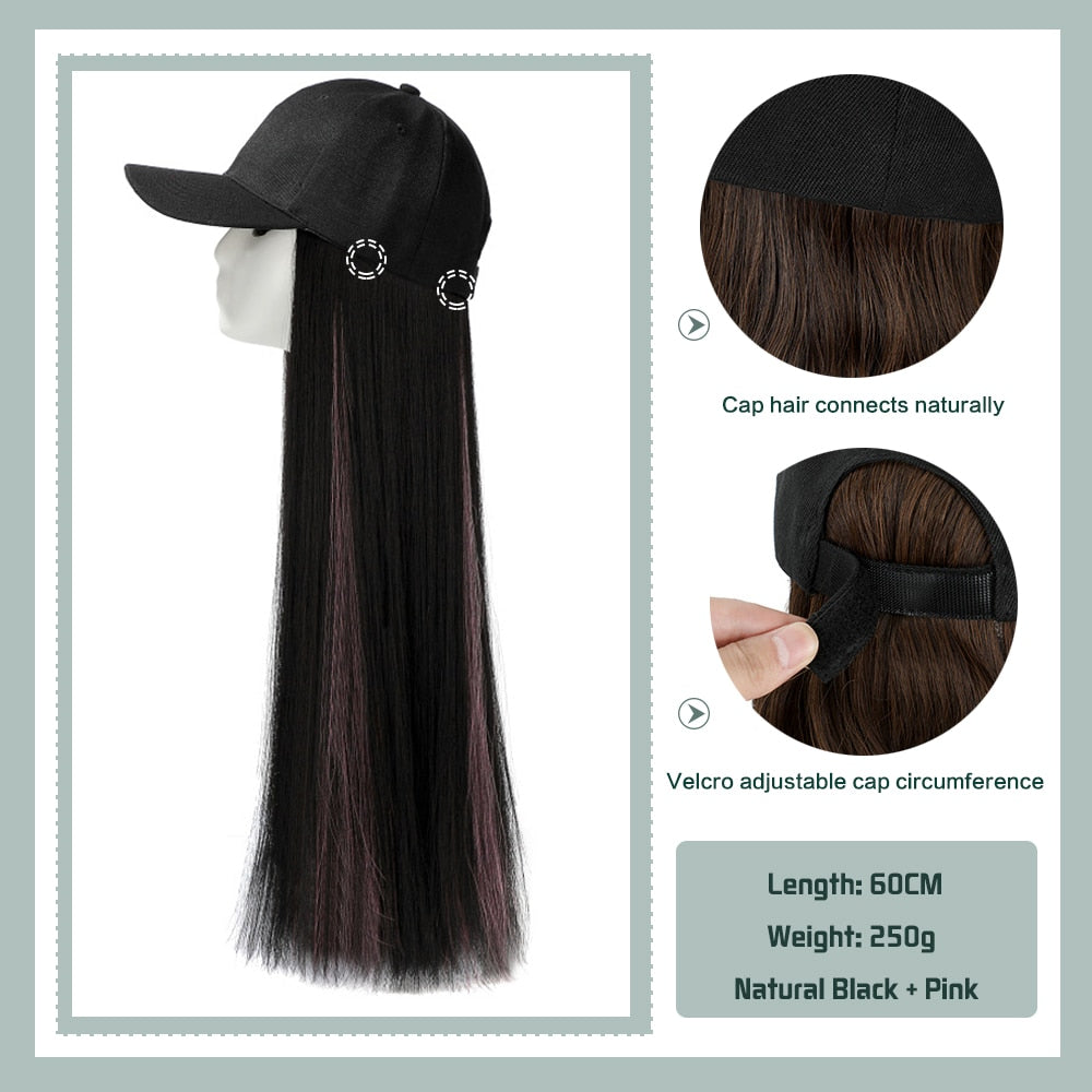 Black White Baseball Cap with Wig Long Straight Hair Curly Hair Hat Wig