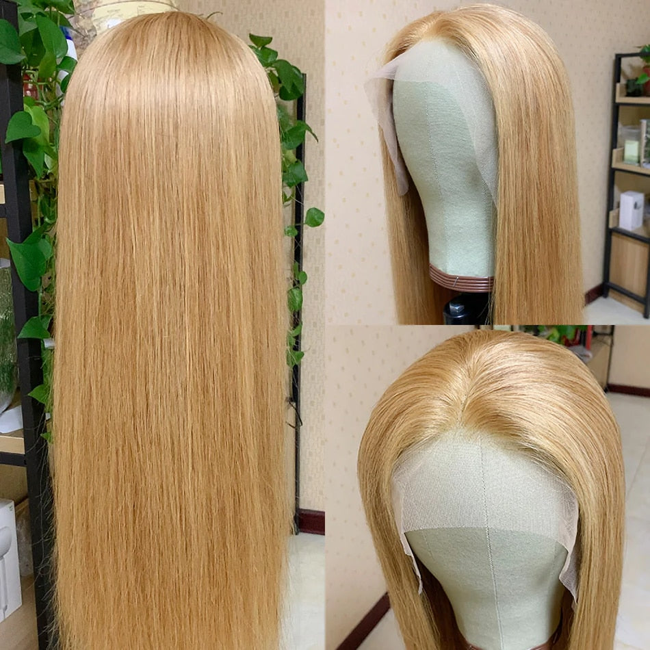 Honey Blonde Straight Human Hair Lace Frontal Wigs Brazilian 13X4 HD Lace Front