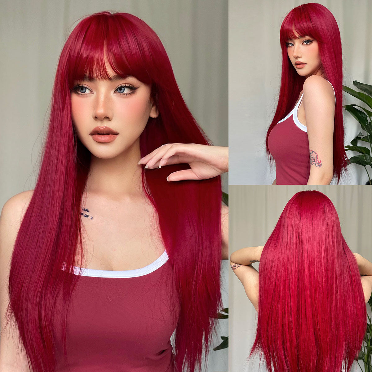 Light Wine Red Long Straight Hair Synthetic Wigs With Bangs