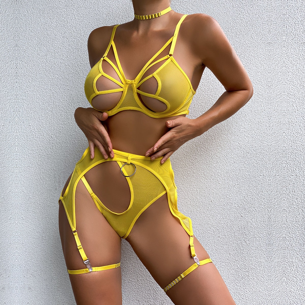 4-Piece Mesh Exotic Set Women Choker Bandage Fancy Kit Yellow Cut Out Sexy Lingerie Set