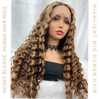 Highlight Wig Human Hair 13X6 Deep Wave Curly Colored Honey Blonde Lace Frontal Human Hair Wigs for Women Ombre  Lace Front Wig