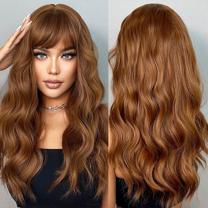 Long Wavy Ginger Brown Synthetic Wigs with Bangs