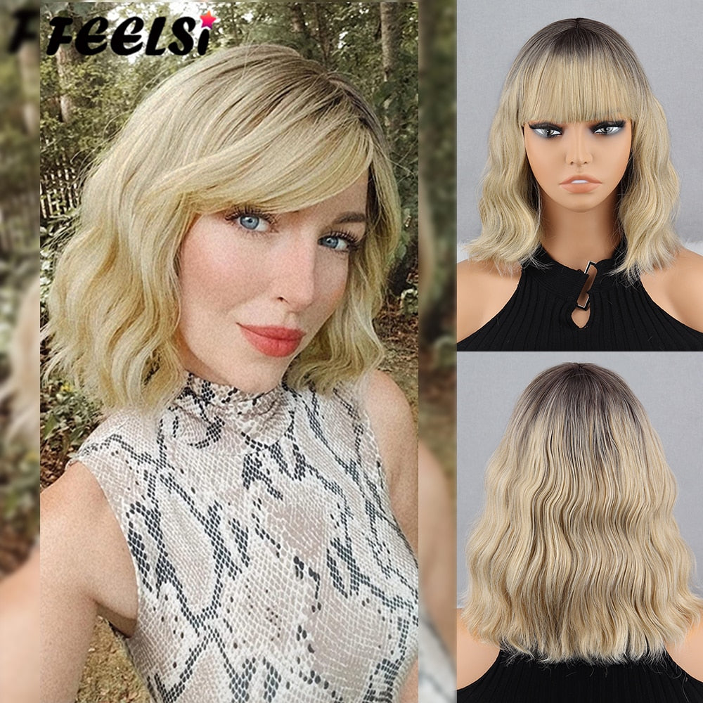 Blonde Wavy Medium Synthetic Wig Women's Bangs Pink Black Wig