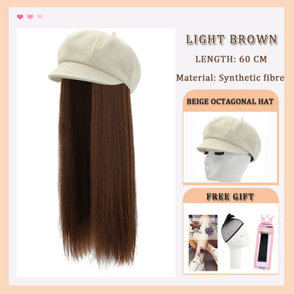 Black White Baseball Cap with Wig Long Straight Hair Curly Hair Hat Wig