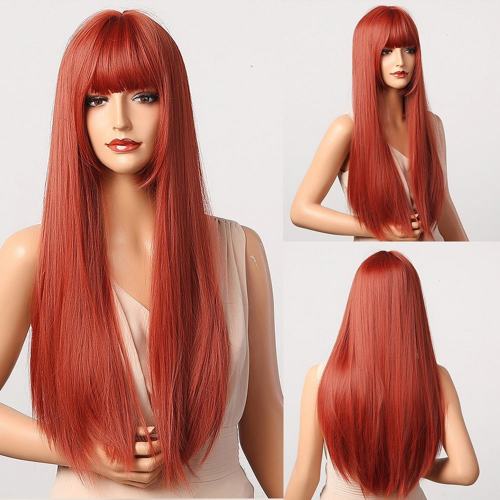 Light Wine Red Long Straight Hair Synthetic Wigs With Bangs