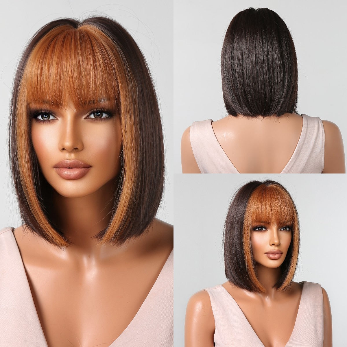 Orange Ombre Brown Short Straight Synthetic Wigs with Bangs