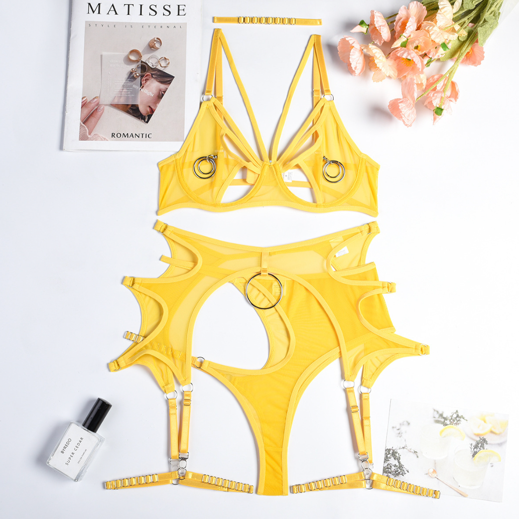 4-Piece Mesh Exotic Set Women Choker Bandage Fancy Kit Yellow Cut Out Sexy Lingerie Set