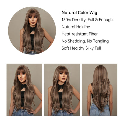 Long Wavy Brown Blonde Highlight Synthetic Wigs with Bang