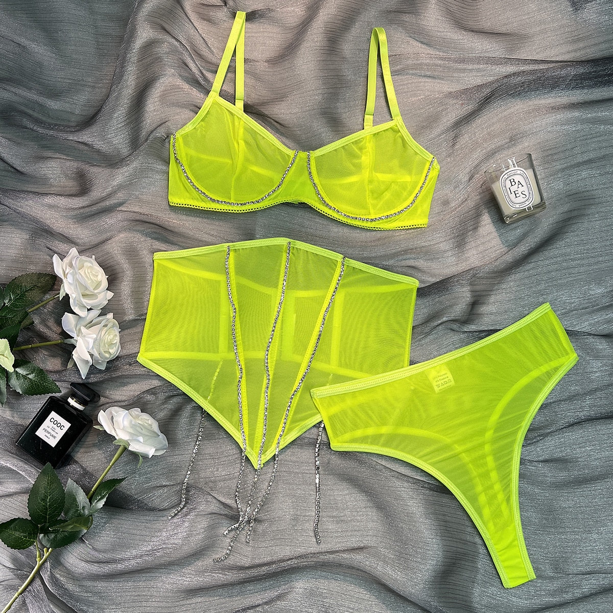 3-Piece Mesh Lingerie Set Women Transparent Sexy Erotic Set Rhinestone Gothic Brief Underwear Set