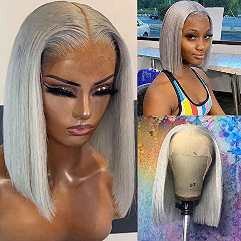 Silver Grey Short Bob Human Hair Wigs Lace Frontal Wig