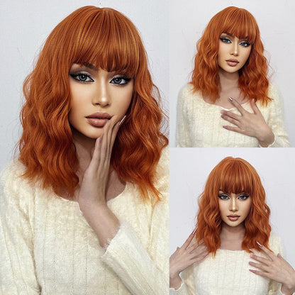 Red Copper Ginger Synthetic Wigs with Bangs Medium Length