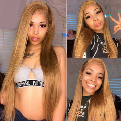 Honey Blonde Straight Human Hair Lace Frontal Wigs Brazilian 13X4 HD Lace Front
