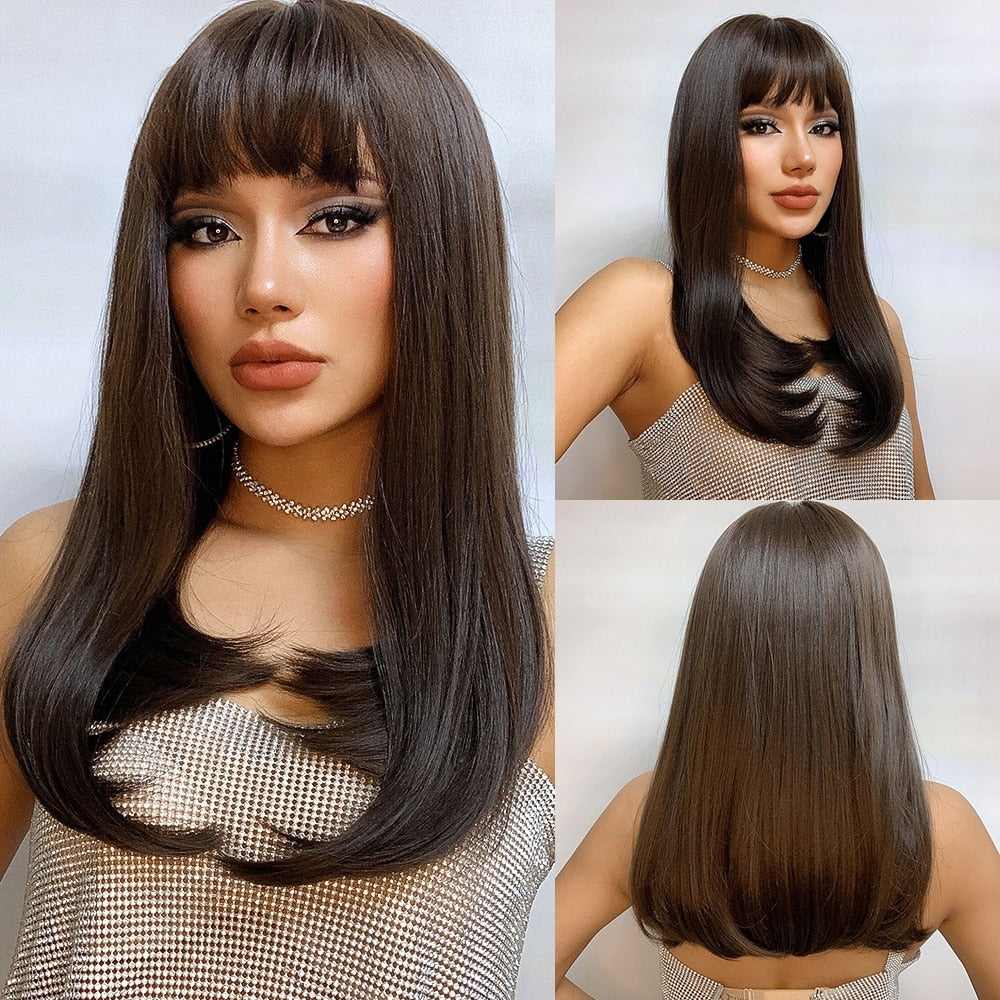 Light Wine Red Long Straight Hair Synthetic Wigs With Bangs