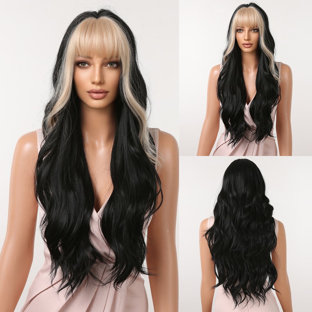 Long Wavy Brown Blonde Highlight Synthetic Wigs with Bang