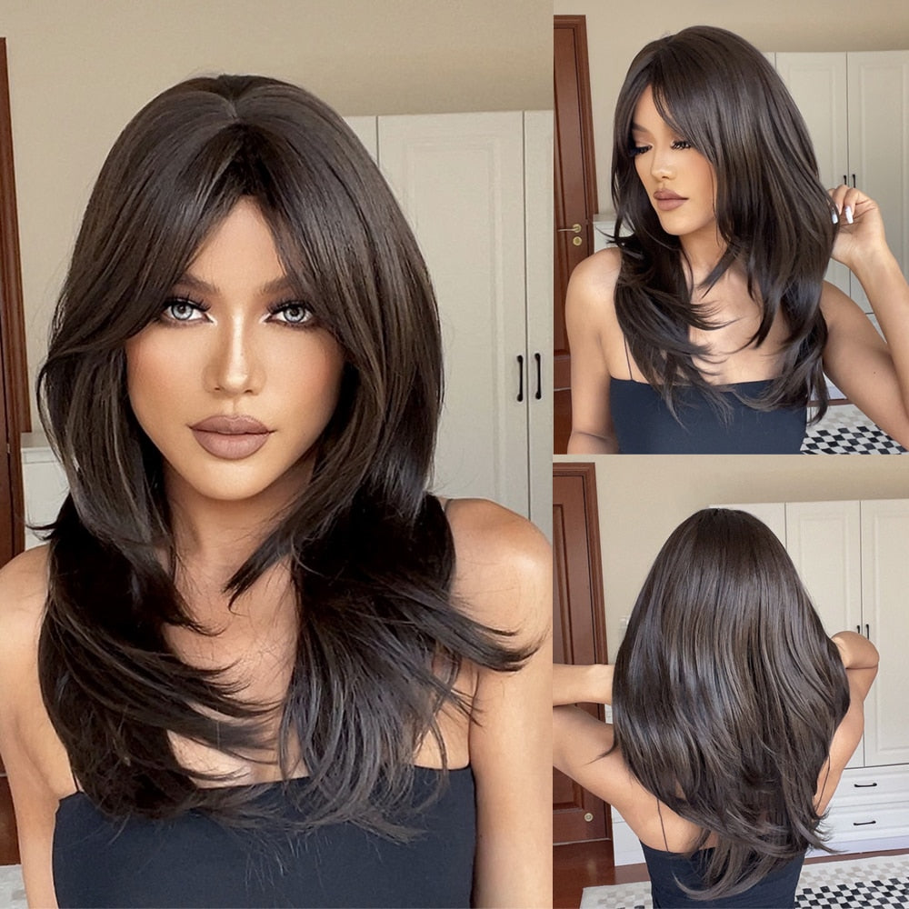 Medium Length Brown Highlight Layered Synthetic Wigs Natural Straight Hairs Wig
