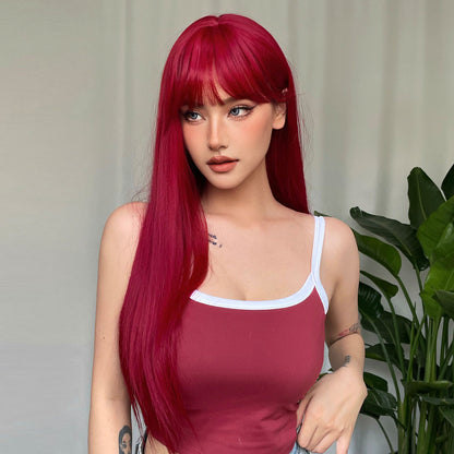 Light Wine Red Long Straight Hair Synthetic Wigs With Bangs