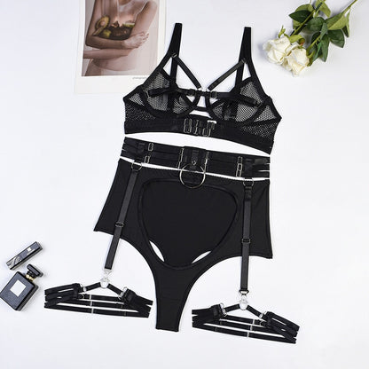 3-Piece Transparent Gothic Exotic Set Women Cut Out Ring Bandage Sexy Lingerie Set Black Garter Brief Kit