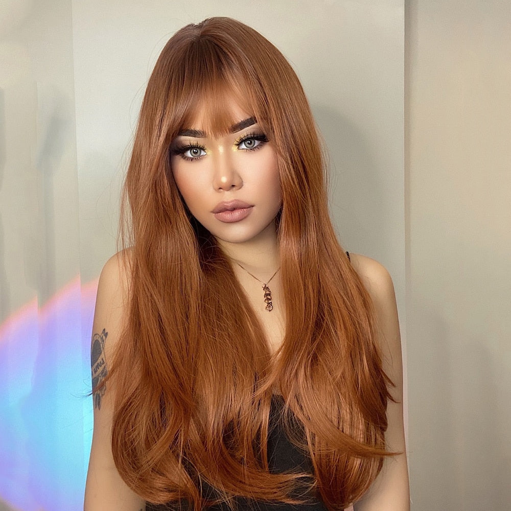 Red Copper Ginger Long Wavy Synthetic Wig with Bangs