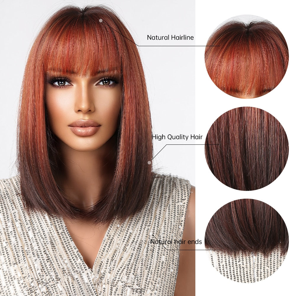 Orange Ombre Brown Short Straight Synthetic Wigs with Bangs