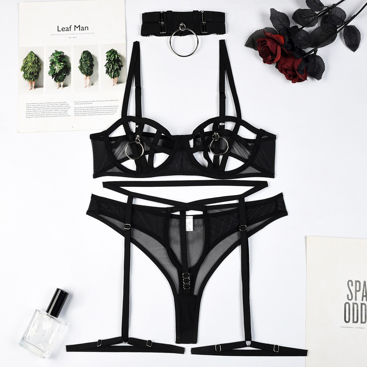 3-Piece Gothic Bandage Lingerie Set Women Black Cut Out Sexy Erotic Set Queen Choker Brief Kit