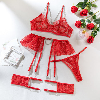 3-Piece Embroidery Lingerie Set Women Floral Chain Decorated Fairy Erotic Set Brief Sexy Underwear Set