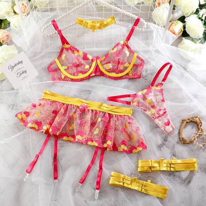 Lace Exotic Sets 3 Piece Girls Contrast Sweetheart Underwire Lingerie Embroidered Ruffle Garter Set