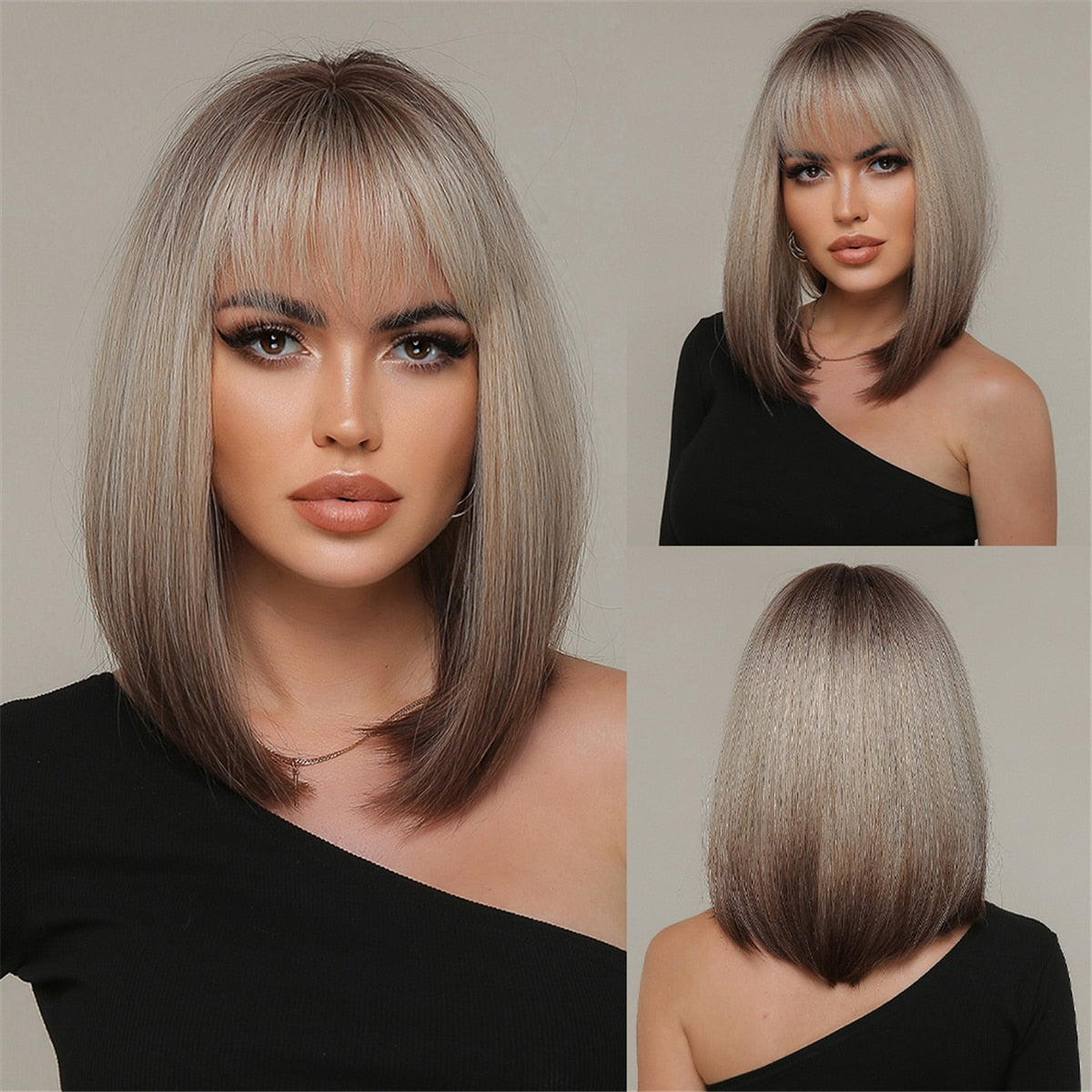 Purple Pink Ombre Black Short Straight Synthetic Wigs with Bangs Bob