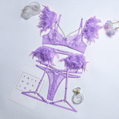 3-Piece Lace Feather Exotic Sets Women Chain Patchwork 8 Colors Panty Underwear Set  Ladies Sexy Lingerie Set