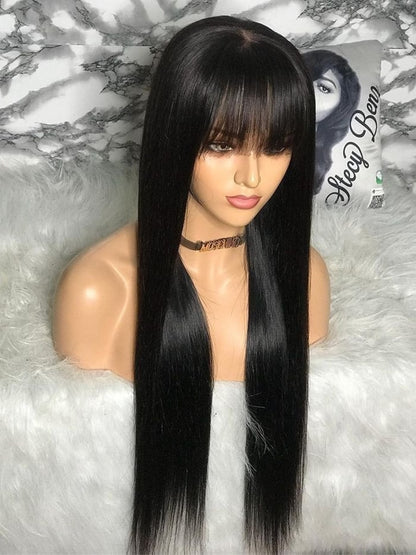100% Human Hair8 Inches to 30 Inches Long Straight Black Hair Wig With Bangs