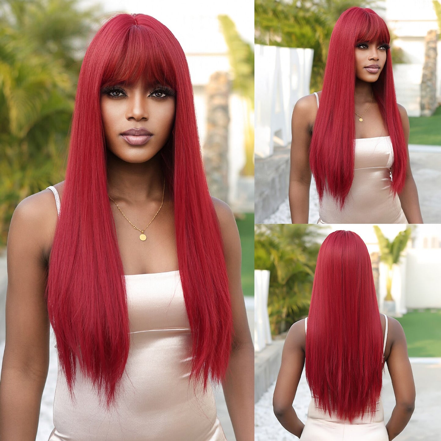 Light Wine Red Long Straight Hair Synthetic Wigs With Bangs