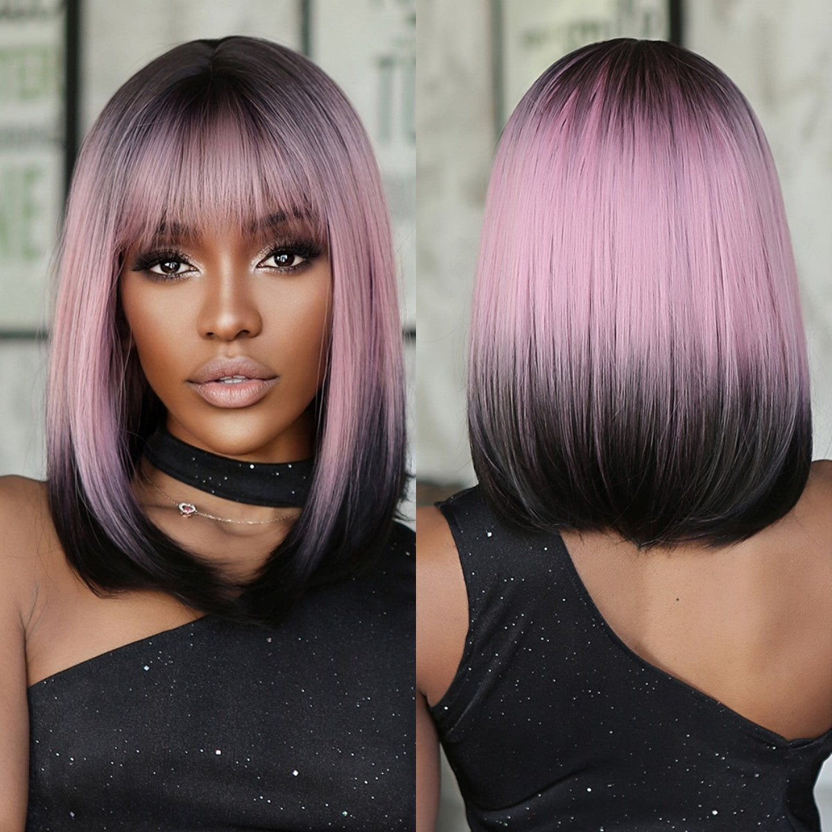 Purple Pink Ombre Black Short Straight Synthetic Wigs with Bangs Bob