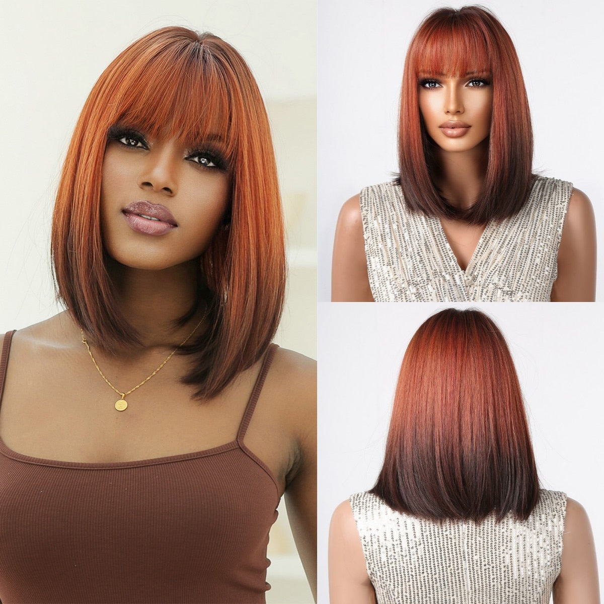 Orange Ombre Brown Short Straight Synthetic Wigs with Bangs