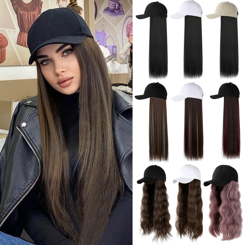 Black White Baseball Cap with Wig Long Straight Hair Curly Hair Hat Wig