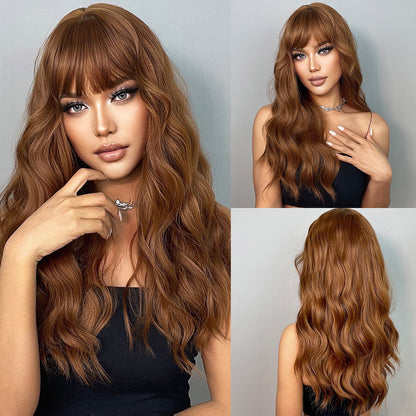 Long Wavy Ginger Brown Synthetic Wigs with Bangs