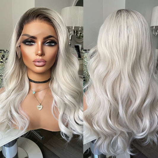 Platinum White Long Straight Lace Front Synthetic Wig 13x3 Lace Frontal Wigs Pre Plucked with Baby Hair